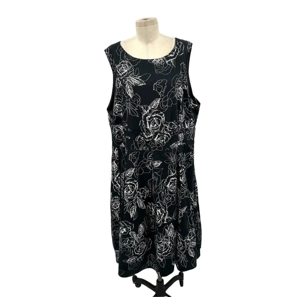 City Chic Black White Rose Floral Print Fit & Flare Tulle Dress Plus Size XXL 24